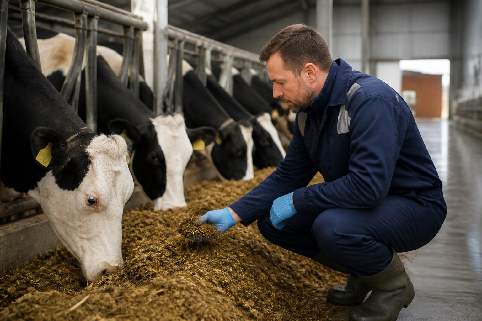 Livestock worker inspecting animals and checking feed in a stable