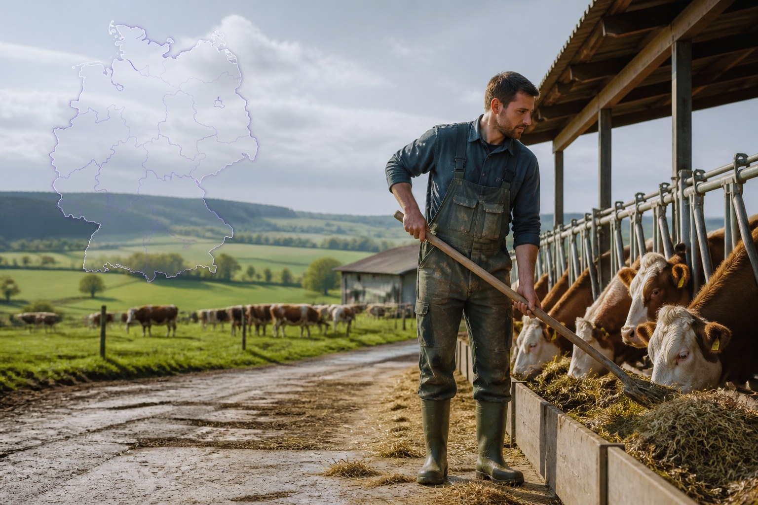 Livestock worker in a German agricultural landscape representing nationwide mobility