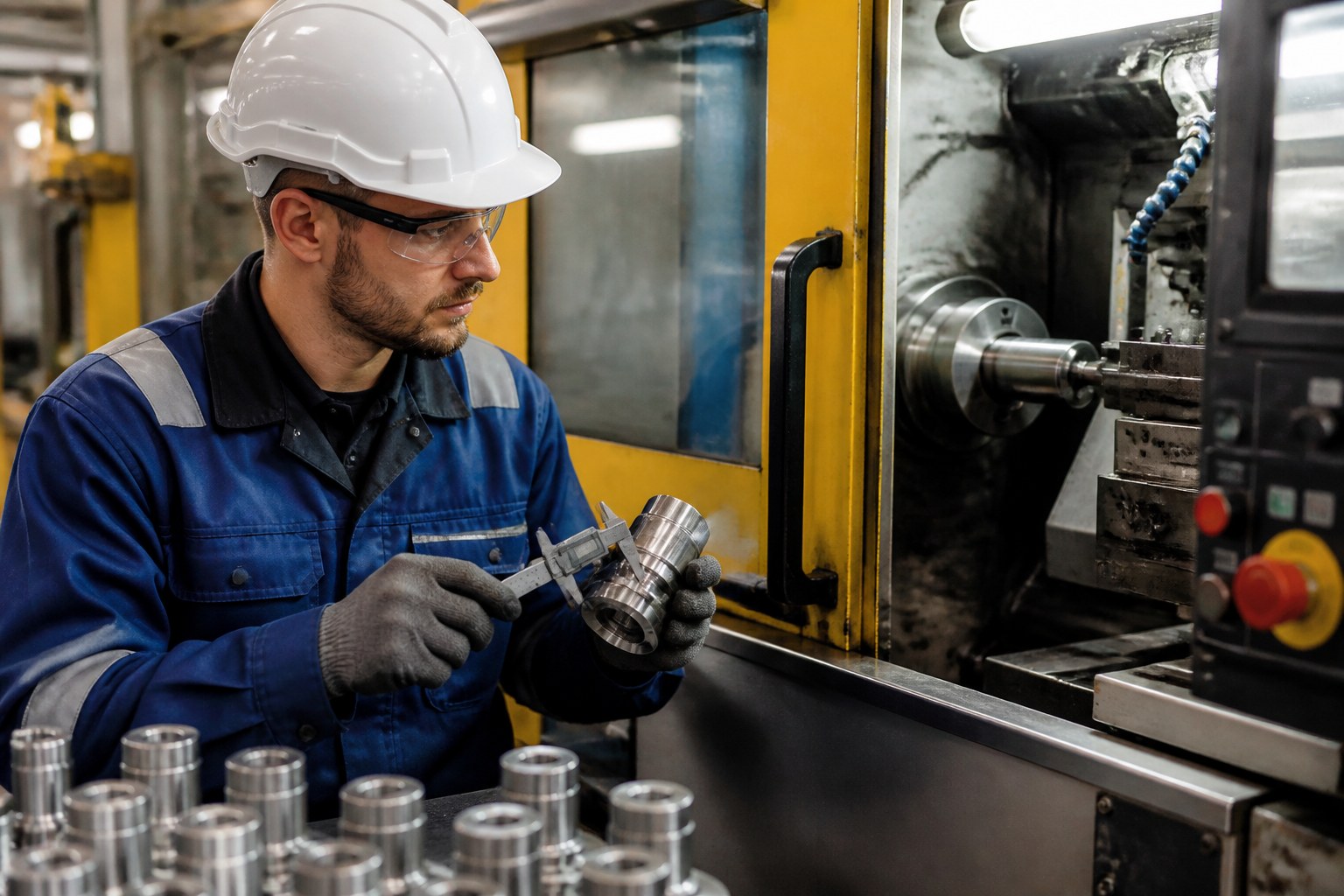 Operator checking a manufactured component with a measuring instrument beside production machinery