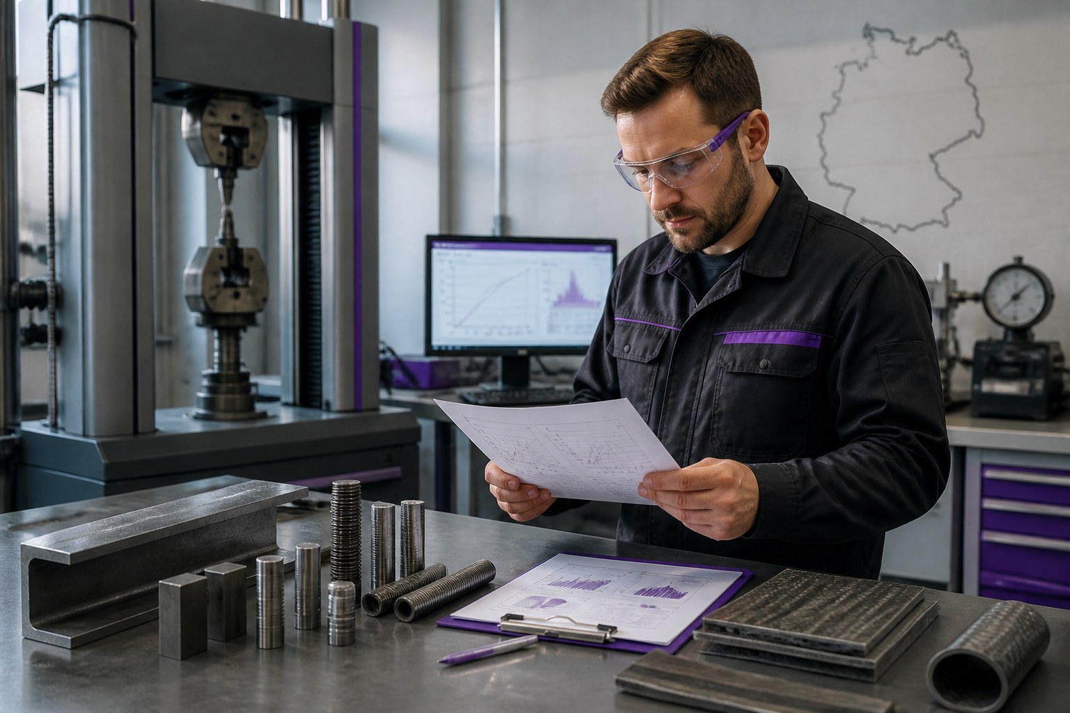 Qualified materials tester reviewing results beside industrial samples and a quality inspection area