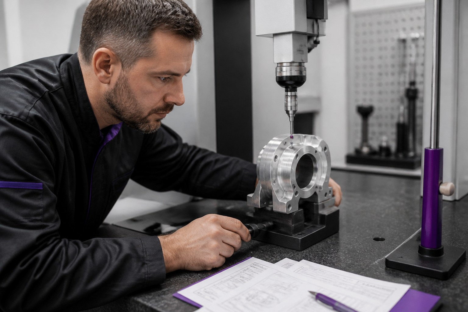 Technician verifying a component with a precision measuring device at an inspection bench