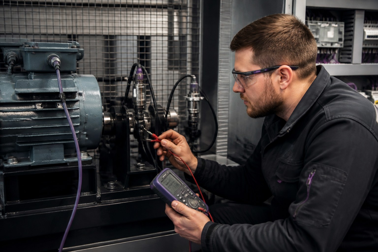 Technician diagnosing a machine fault between a motor, sensors and a control panel
