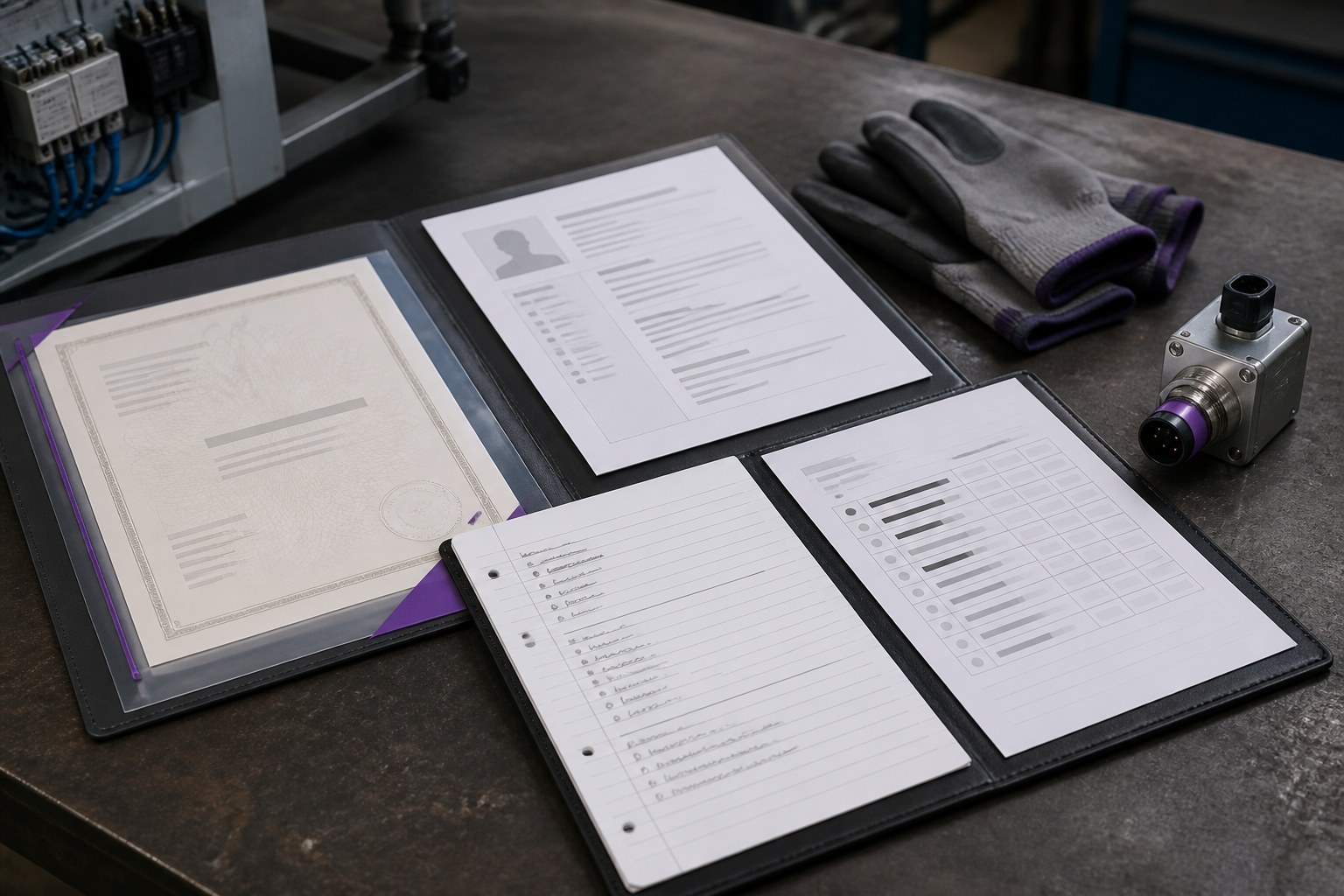 Mechatronics technician application documents beside protective gloves and an industrial component