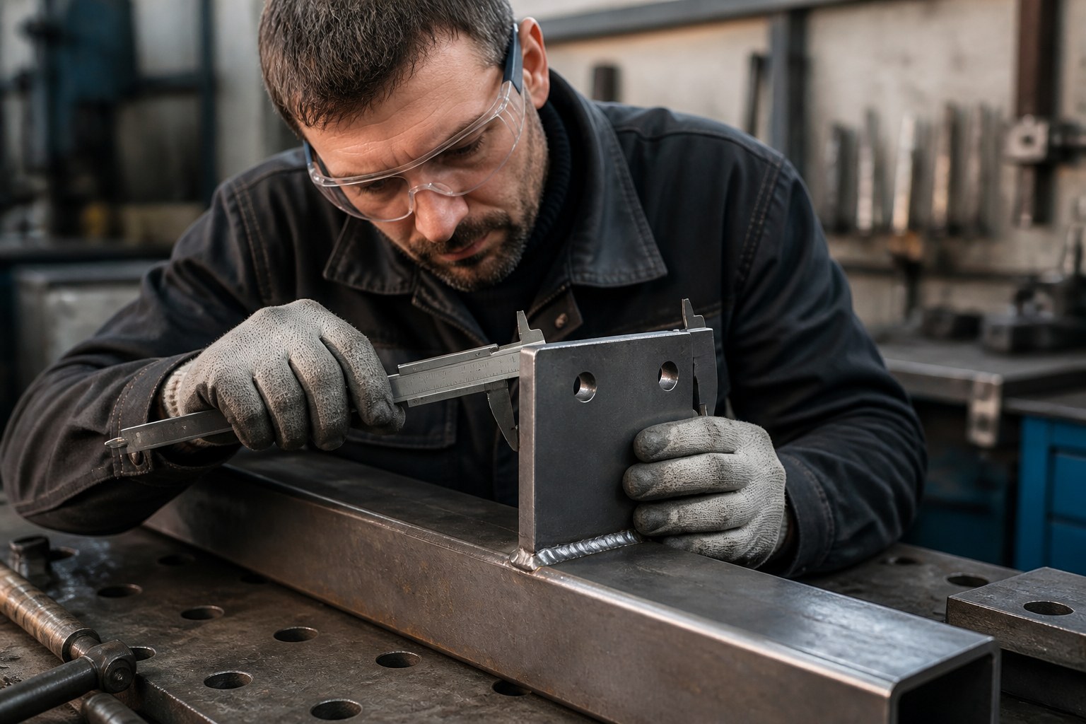 Metalworker checking a finished metal joint with a precision measuring tool