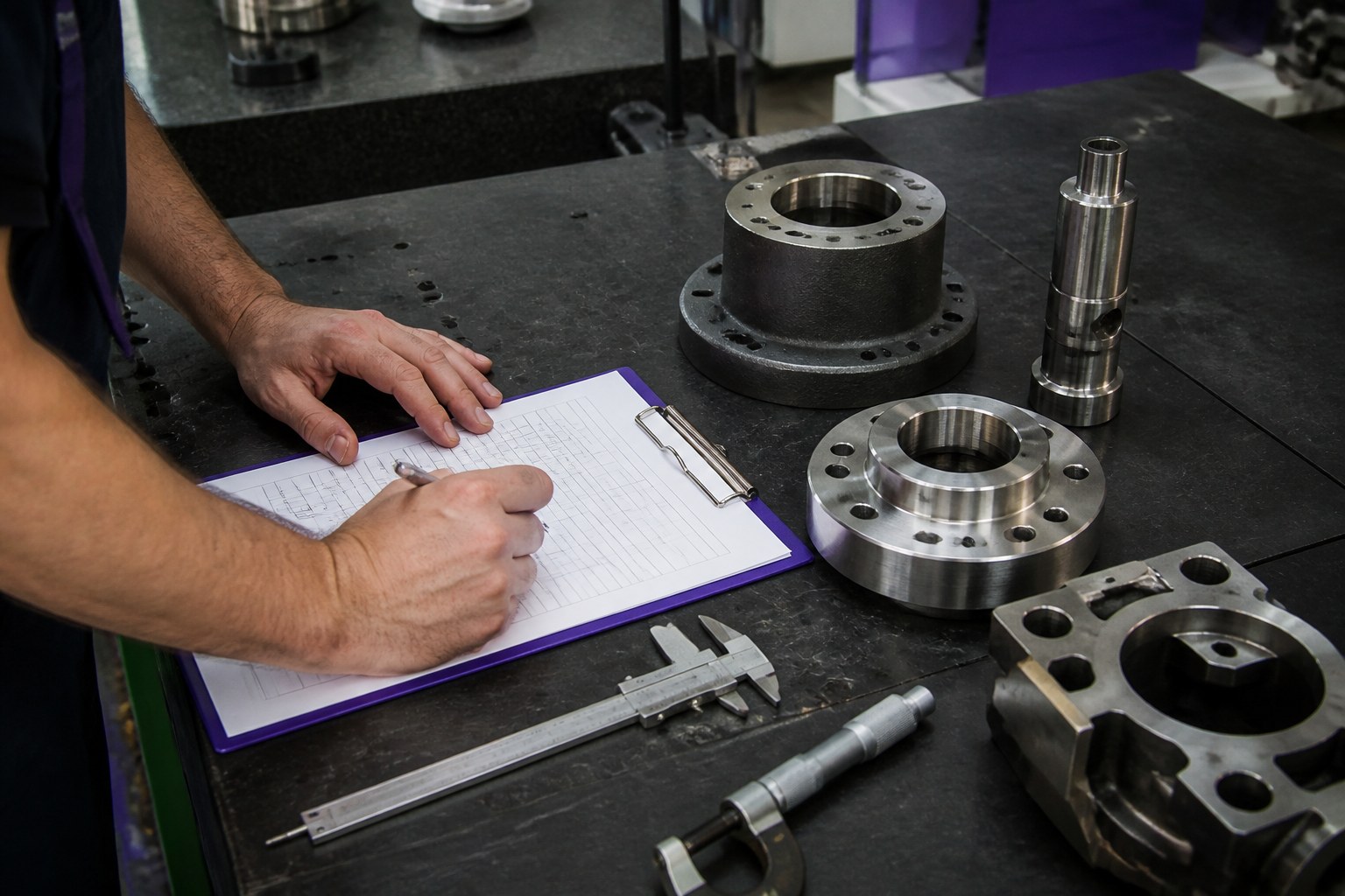 Inspector recording metal inspection results beside components and measuring equipment