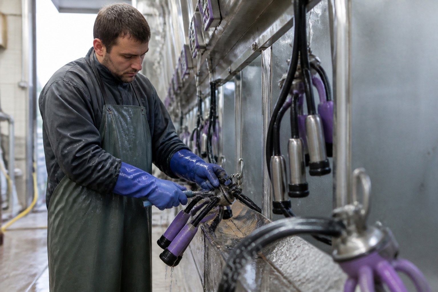 Operator cleaning and inspecting milking equipment after use