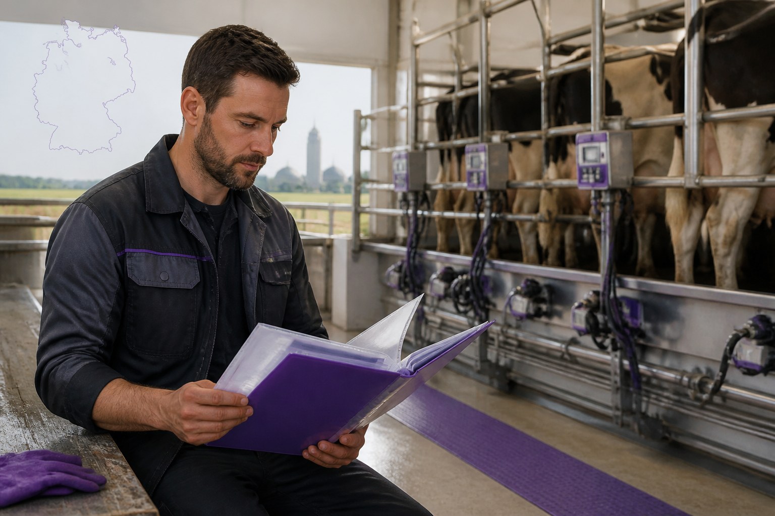 Milking machine operator preparing work documents beside a dairy training area