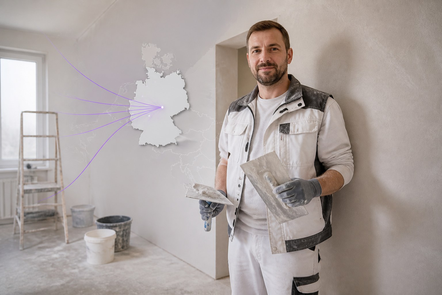Plasterer standing beside a finished wall with a subtle outline of Germany in the background