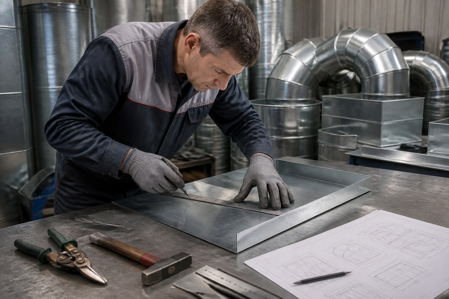 Sheet-metal worker measuring and bending a metal component beside pipe connections and ventilation metalwork