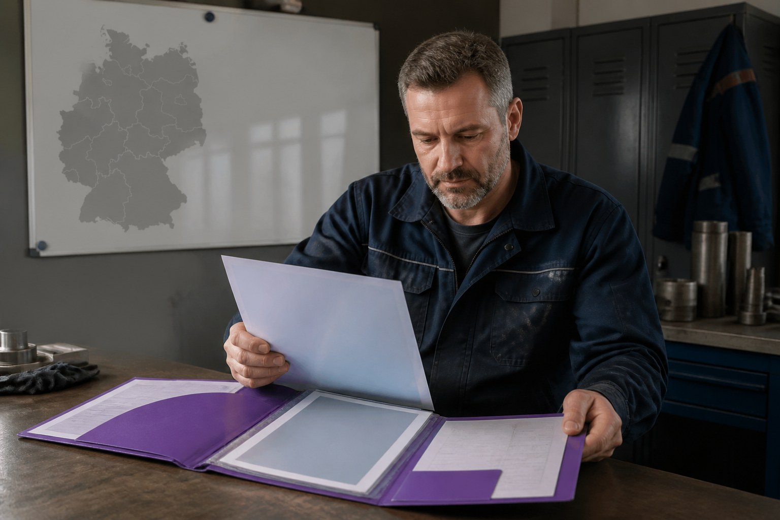 Production worker preparing a CV and qualification certificates for Germany