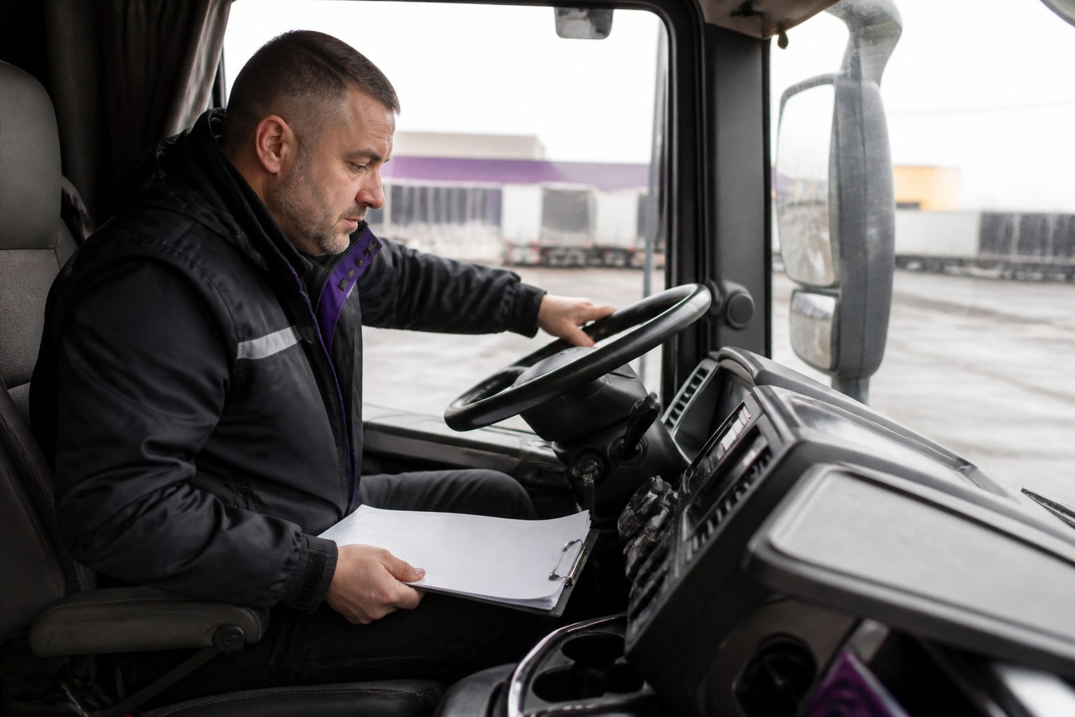 Truck driver checking vehicle controls and transport paperwork inside a cab before departure
