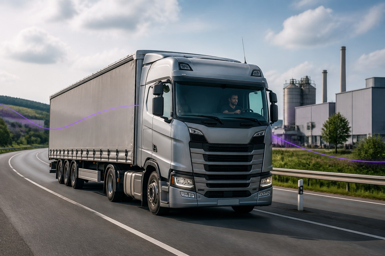 Loaded truck travelling on a neutral German road toward an industrial destination