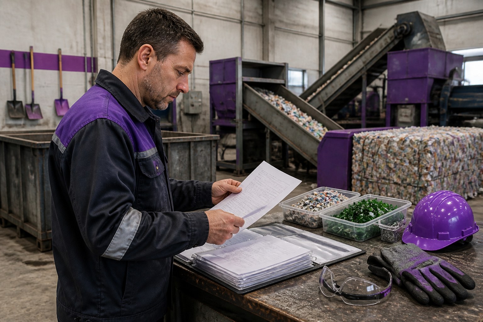 Candidate organising qualification certificates and work history beside recycling equipment