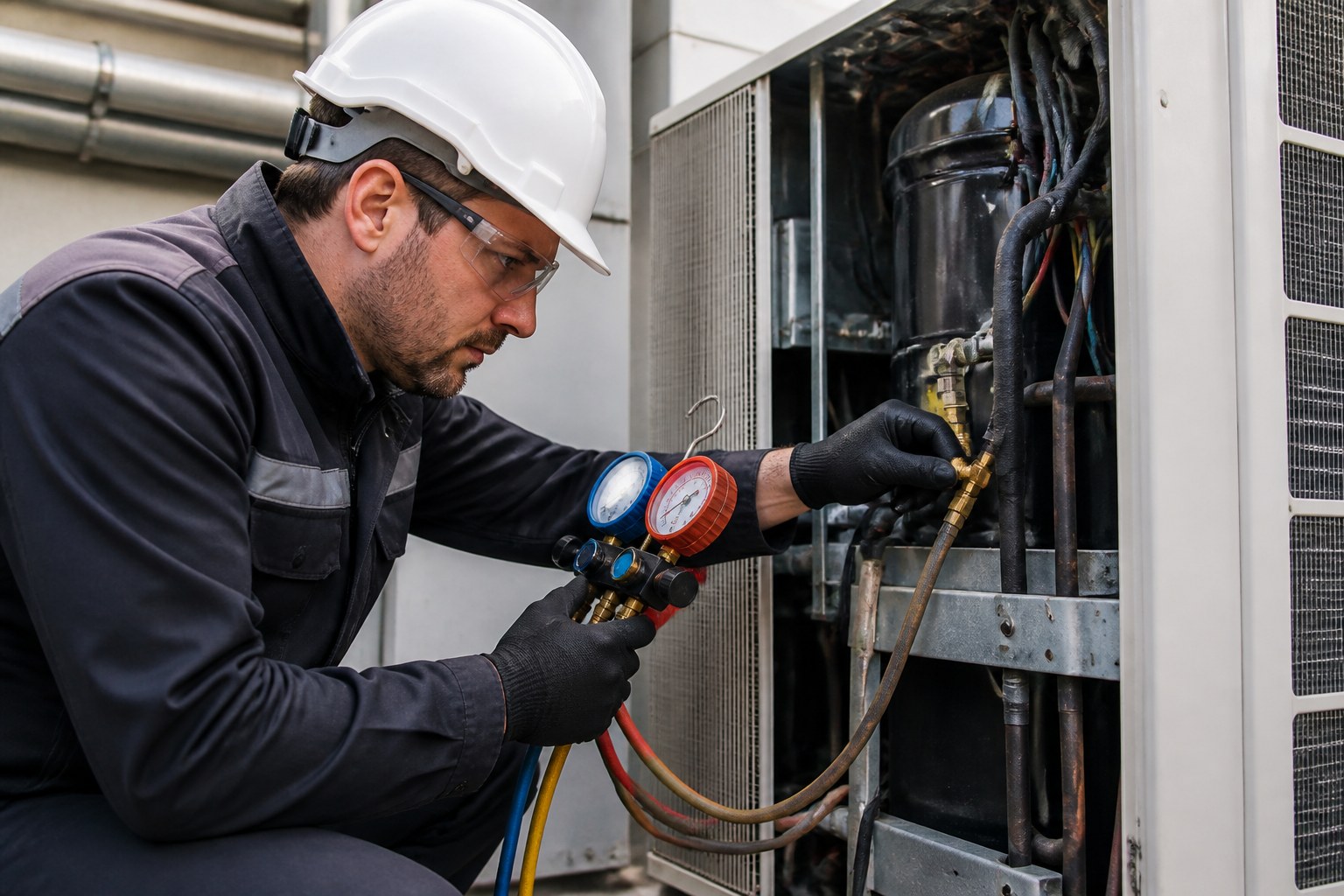 Technician performing a diagnostic check on an air conditioning system with measuring equipment