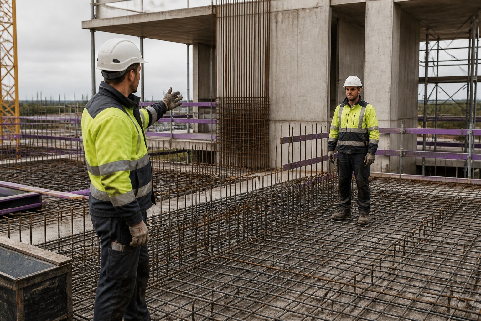 Reinforced concrete workers reviewing a completed structural section and communicating on a construction site