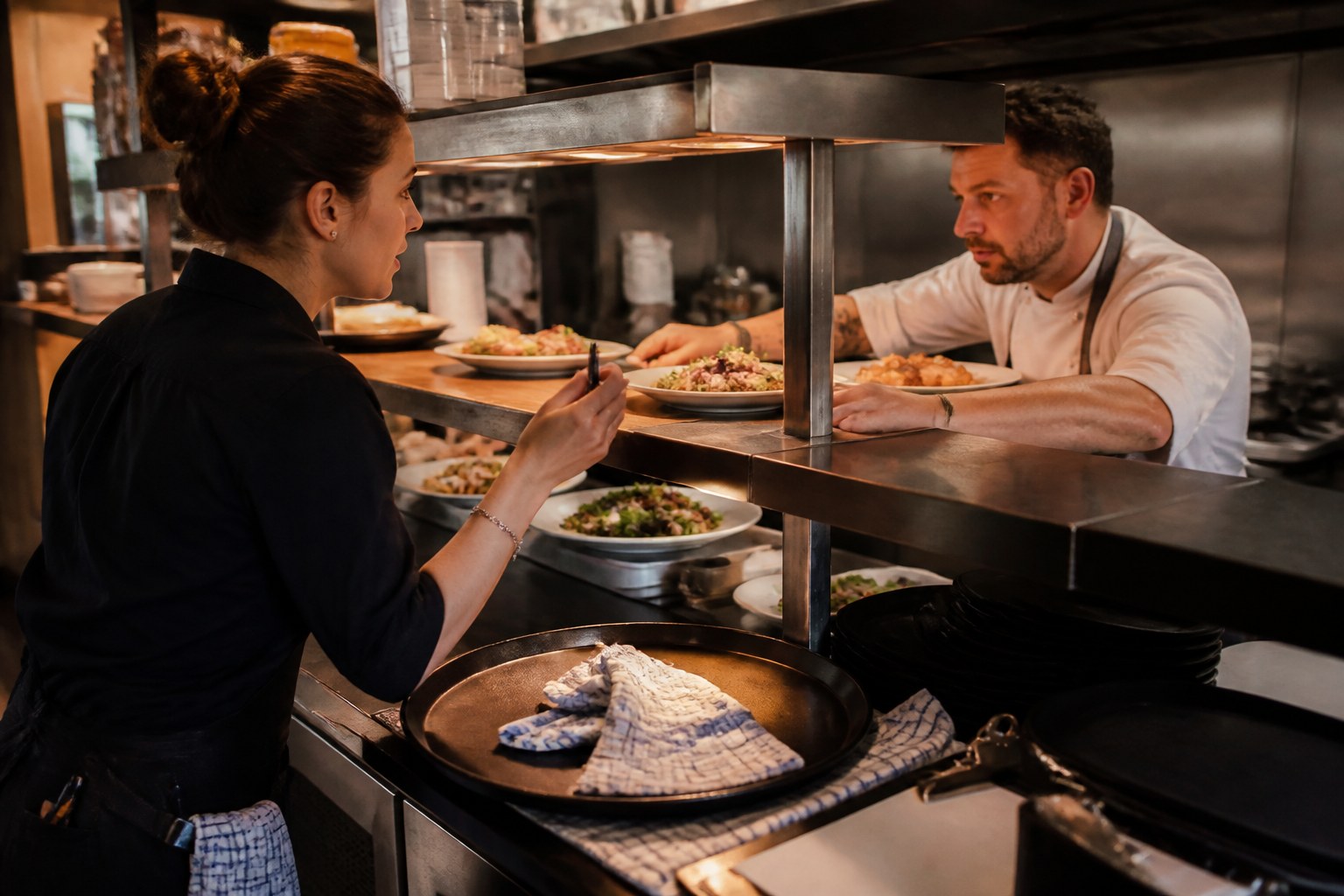 Server coordinating a food order with a kitchen colleague at the service pass