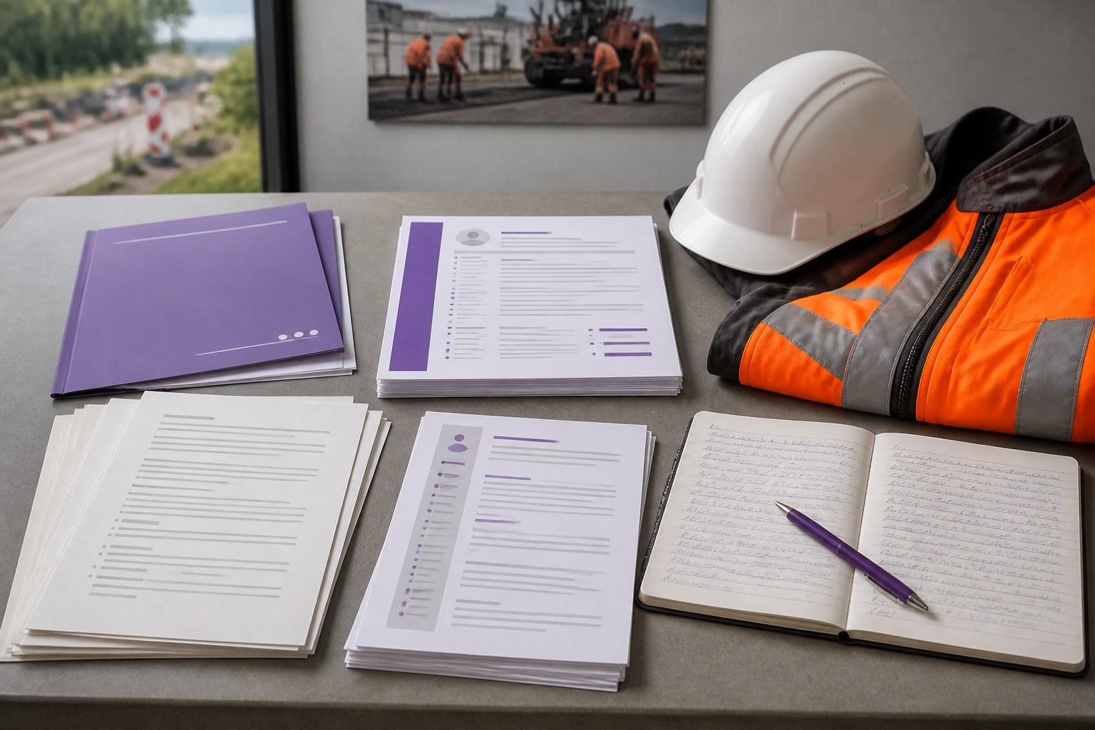 Road builder qualification documents and language notes beside protective workwear