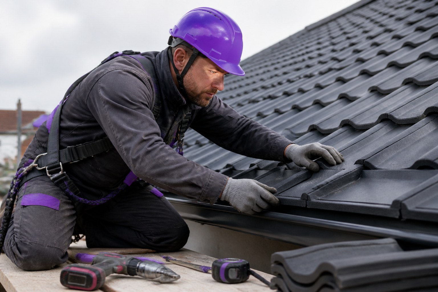 Roofer checking tile alignment and workmanship near a protected roof edge