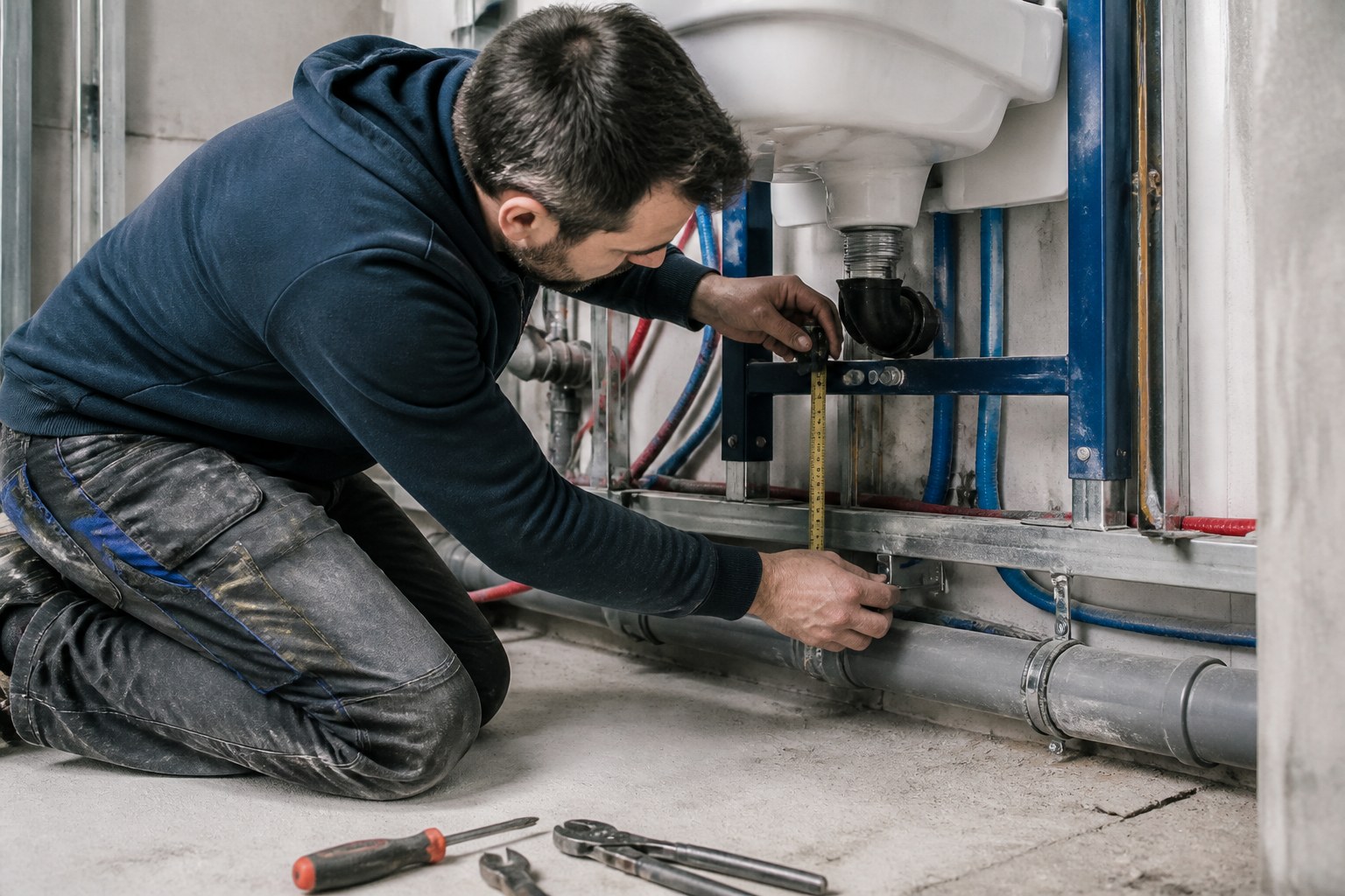 Sanitary installer measuring and aligning pipework beneath a washroom installation