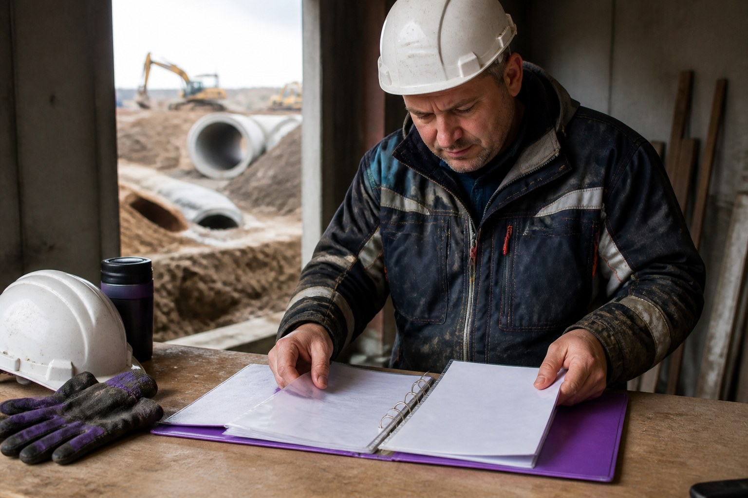 Sewer construction worker organising qualification certificates and work history documents