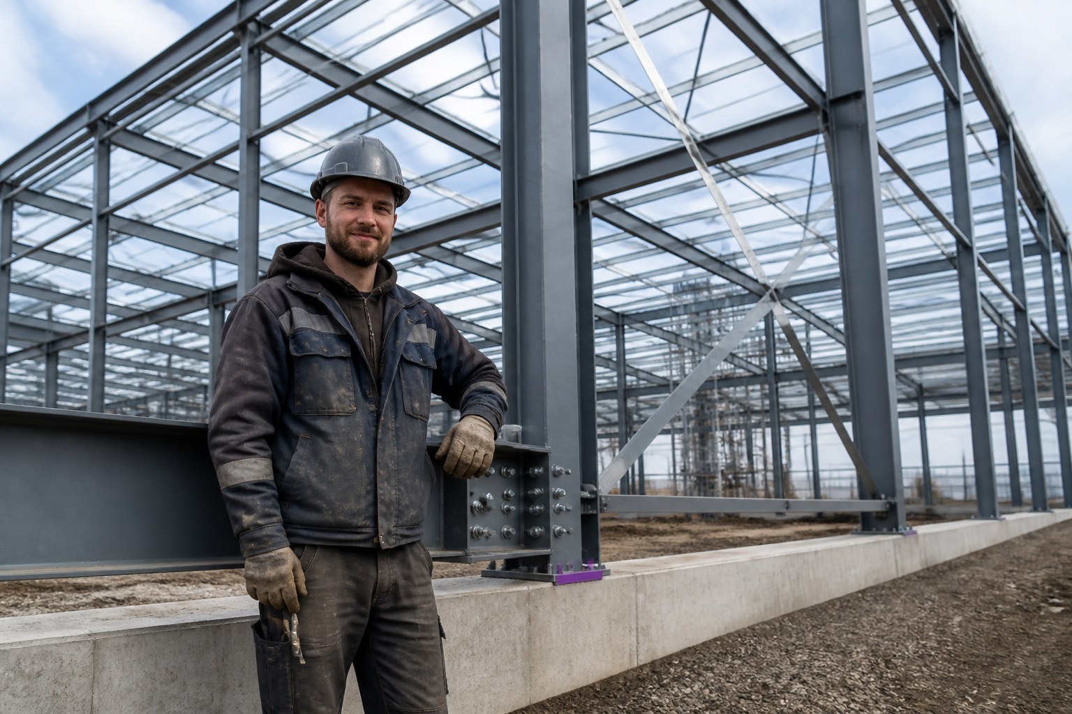 Qualified structural steel fitter beside a completed steel framework in Germany