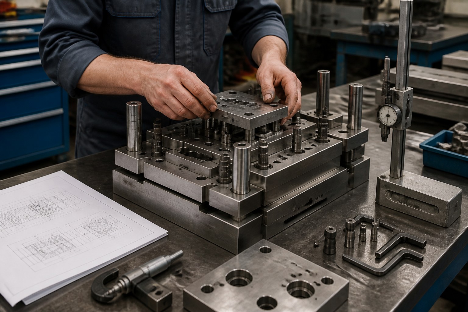 Toolmaker assembling and adjusting a multi-part industrial die with measuring instruments