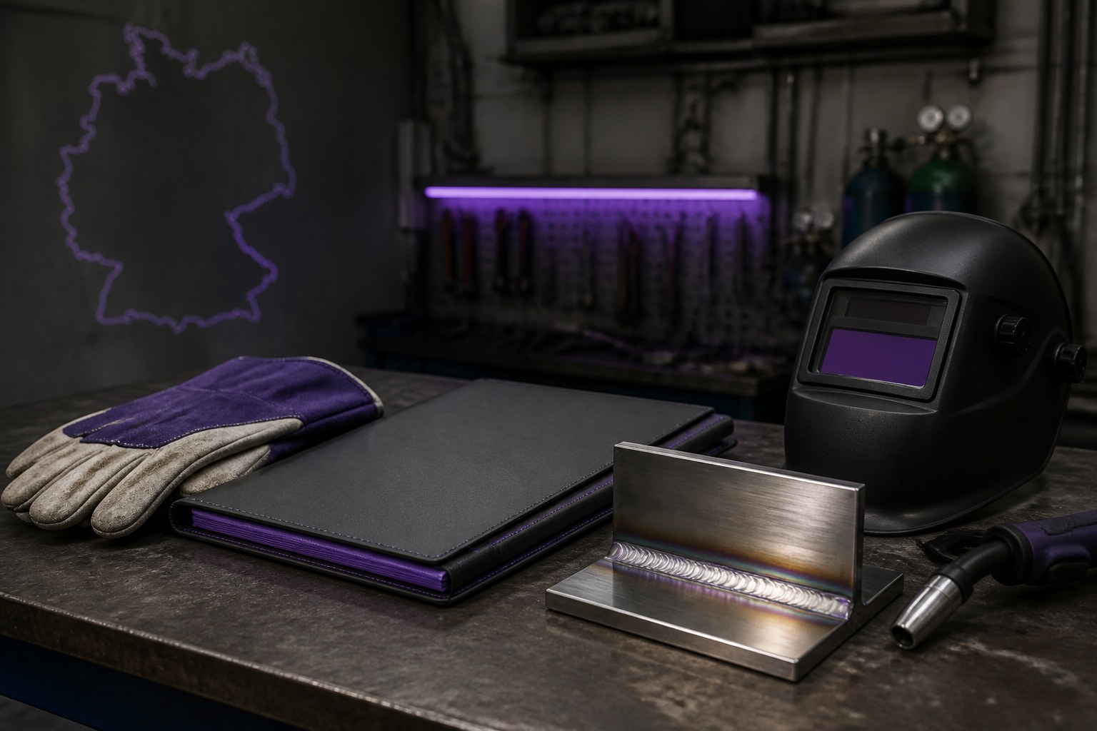 Welder’s organised professional portfolio with protective equipment and a metal sample