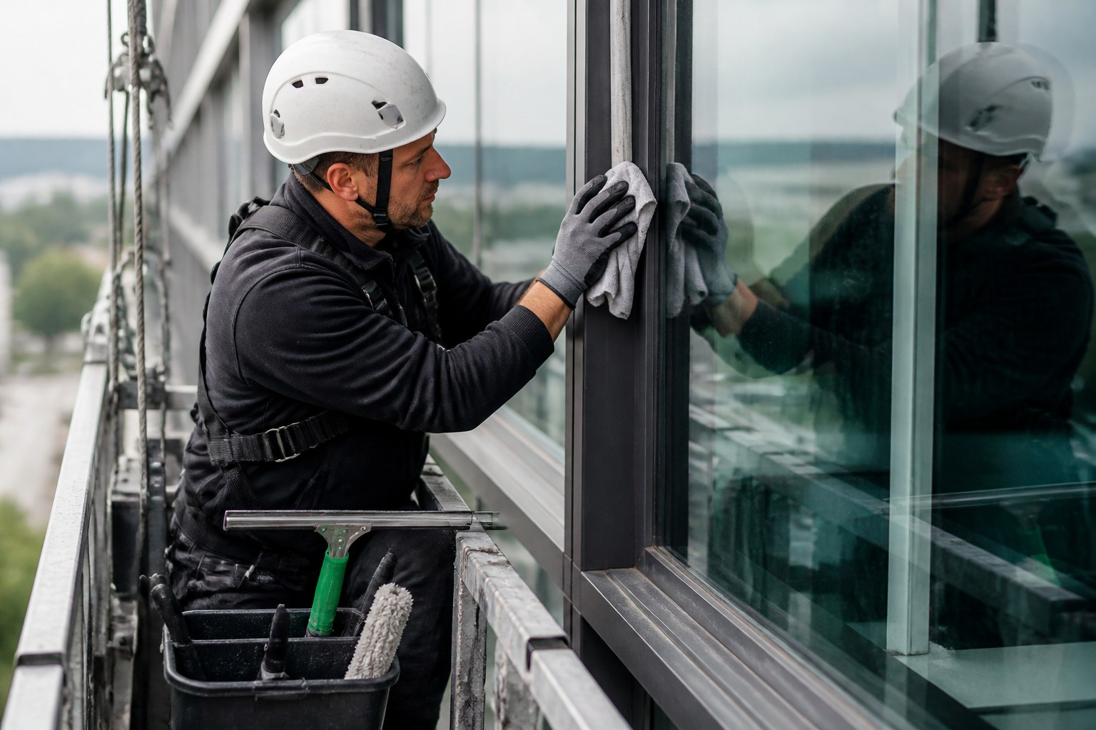 Window cleaner inspecting glass and wiping the frame and edges