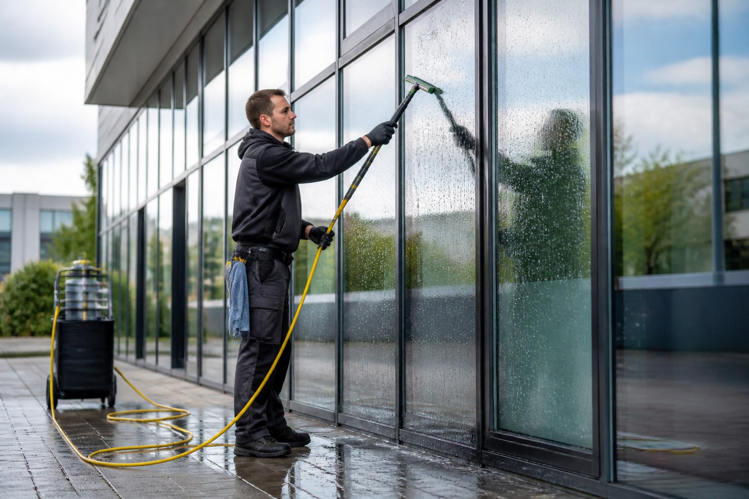 Window cleaner using a squeegee and water-fed equipment on a large glass facade